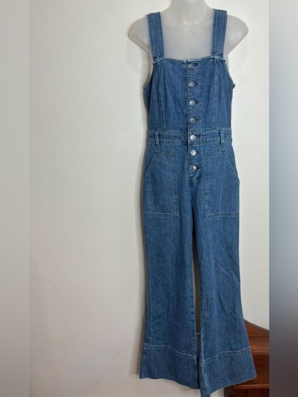 Aerie Medium Blue Button-Front Wide Leg Denim Overalls - Picture 14 of 16